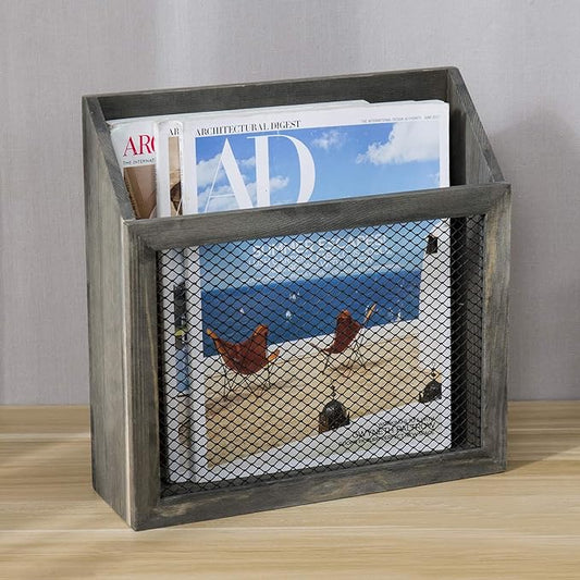 MyGift Rustic Magazine Holder Vintage Gray Wood and Chicken Wire Design Wall Mounted/Tabletop Mail Sorter, Farmhouse Home, Bathroom, Office Magazine Rack-DeskLoop Office