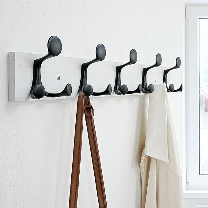SKOLOO 24-Inch White Wood Coat Rack Wall Mount with 5 Triple Hooks - Ideal for Family Entrances, Classrooms, and Pet Supplies Storage - Perfect Coat Hooks for Wall-DeskLoop Office