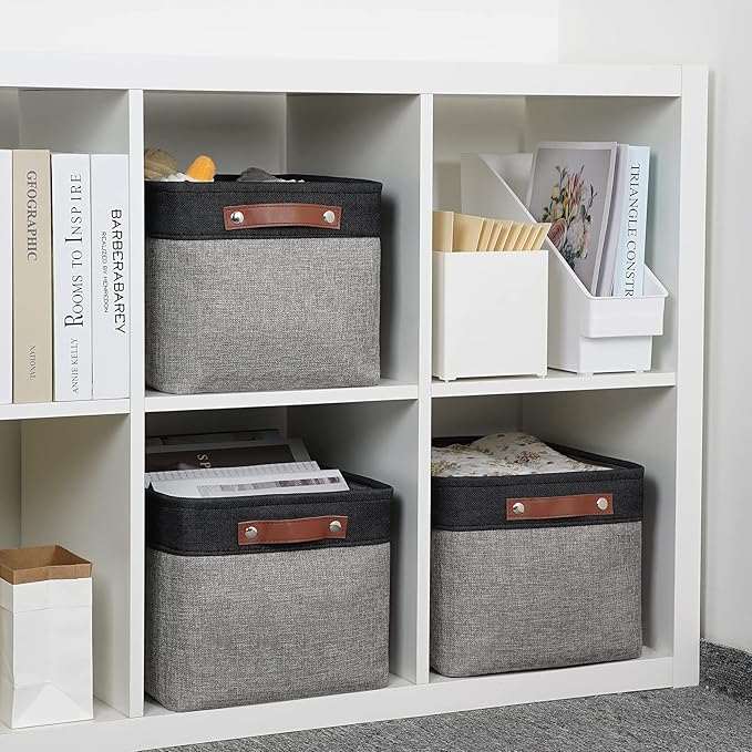 DULLEMELO Fabric Baskets for Storage, Rectangular Fabric Storage Bins Collapsible, Perfect for Shelves, Closets, Nursery, Empty Gift Baskets (3-Pack Medium-15 inch X 11 inch X 9.5 inch , Black&Grey)-DeskLoop Office