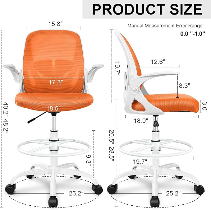 Primy Drafting Chair Tall Office Chair with Flip-up Armrests Executive Ergonomic Computer Standing Desk Chair with Lumbar Support and Adjustable Footrest Ring (Sunset Orange)-DeskLoop Office