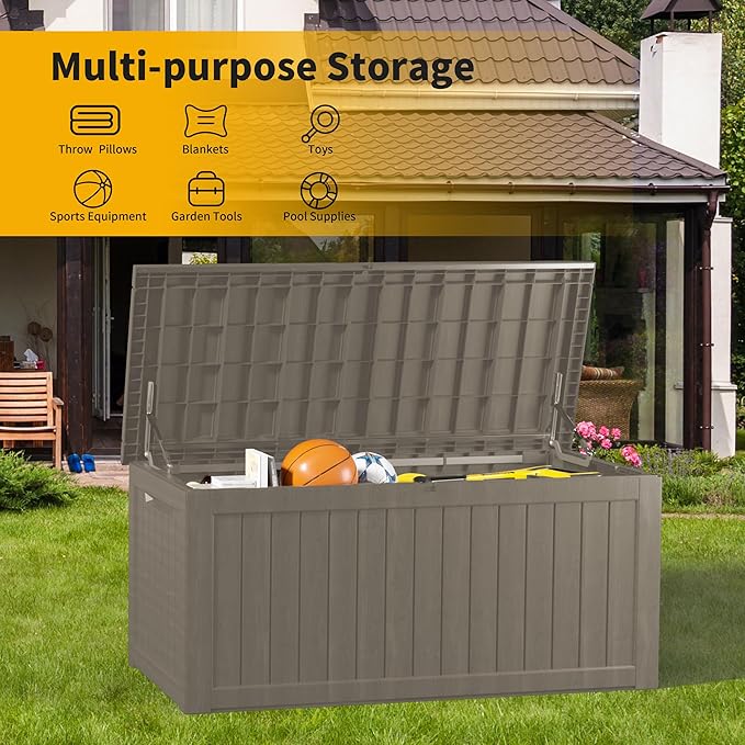 270 Gallon Lockable Resin Deck Box, Waterproof & UV-Resistant Outdoor Storage Box for Outdoor Cushion Storage, Garden Tools & Pool Accessories Storage, Gray-DeskLoop Office