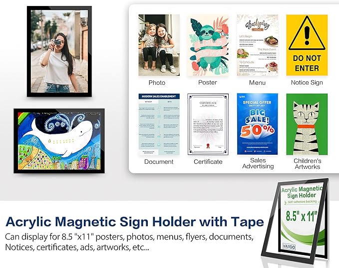 8.5" x 11" Acrylic Sign Holder Wall Mount, Self Adhesive Magnetic Display Frame - Image 2