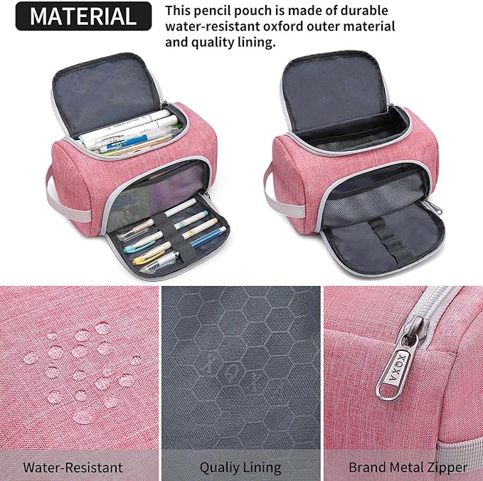 XQXA Extra Large Capacity Pencil Case Organizer, Multifunctional Pencil Pouch with Compartmens, Travel Simple Stationery Bag, Nylon Pencil Bag for Adults (Pink)-DeskLoop Office