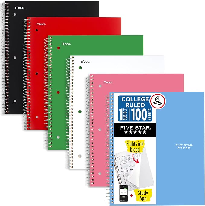 Five Star Spiral Notebook + Study App, 1 Subject, College Ruled Paper, 8.5" x by FiveStar