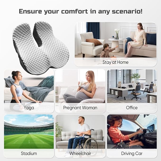 Seat Cushion for Tailbone Pain Relief X-Large,Ergonomic Office Chair Cushions for Butt Hip Lower Back & Sciatica Pain Relief Pillow,Pressure Relief Seat Cushion for Long Sitting, Car & Plane (Grey)-DeskLoop Office
