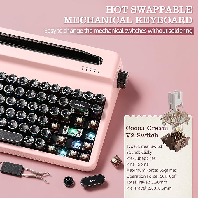 YUNZII QL75 Wireless Typewriter Hot Swap Retro Mechanical Keyboard,Punk Round Keycaps,RGB Backlit QMK/VIA Programmable,Multi-Device Keyboard with 2.4GHz/Type-C/BT5.0 (Pink, Cocoa Cream V2 Switch)-DeskLoop Office
