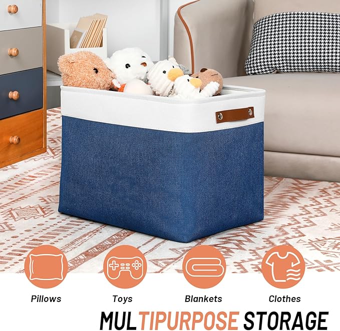 DULLEMELO Large Storage Baskets with Leather Handles for Linen Closet and Home Office, Decorative Baskets for Toys Storage (White & Blue)-DeskLoop Office