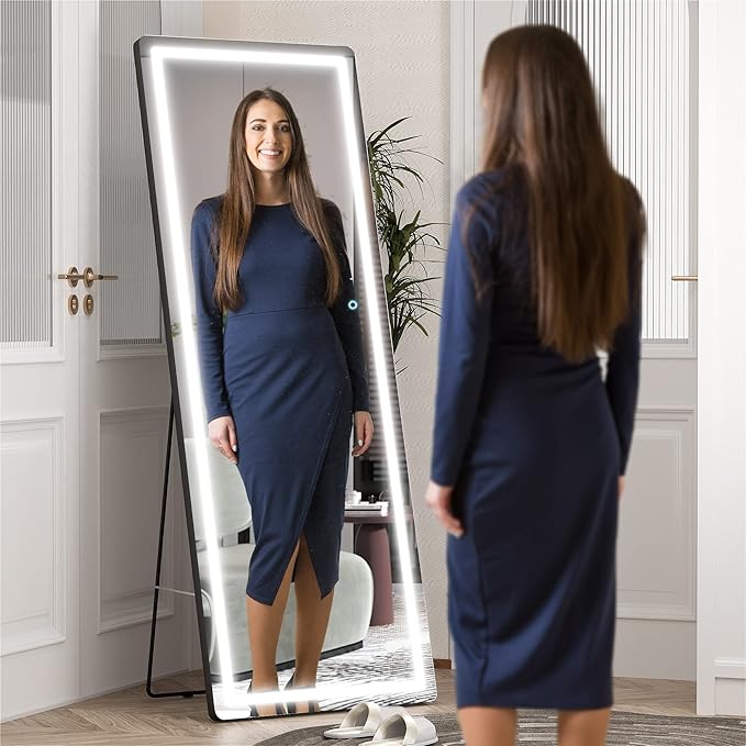 Hasipu Full Length Mirror with Lights, 65" x 22" LED Floor Mirror, Full Body Dressing Standing, Hanging Mounted Mirror for Living Room Bedroom Cloakroom, Round Black-DeskLoop Office