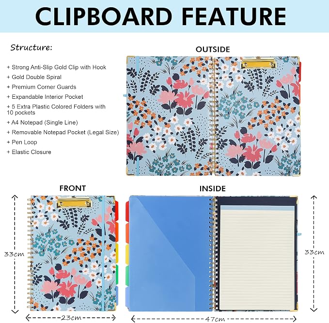 Spiral Clipboard Folio with Refillable Lined Notepad, 5 Extra Folders, 10 - Image 5