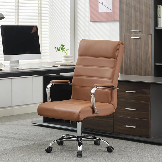 Office Desk Chair,Modern Leather Conference Room Chairs,High Back Ergonomic Home ofiice Chair,Adjustable Height Swivel Executive Computer Chairs with Padded Seat and Armrest (Brown)-DeskLoop Office