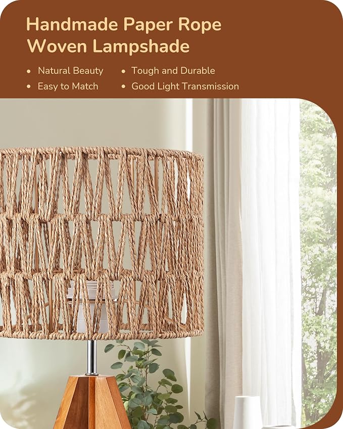 EDISHINE Small Table Lamp, Rattan Wood Tripod Bedside Lamp, Boho Nightstand Lamp - Image 2