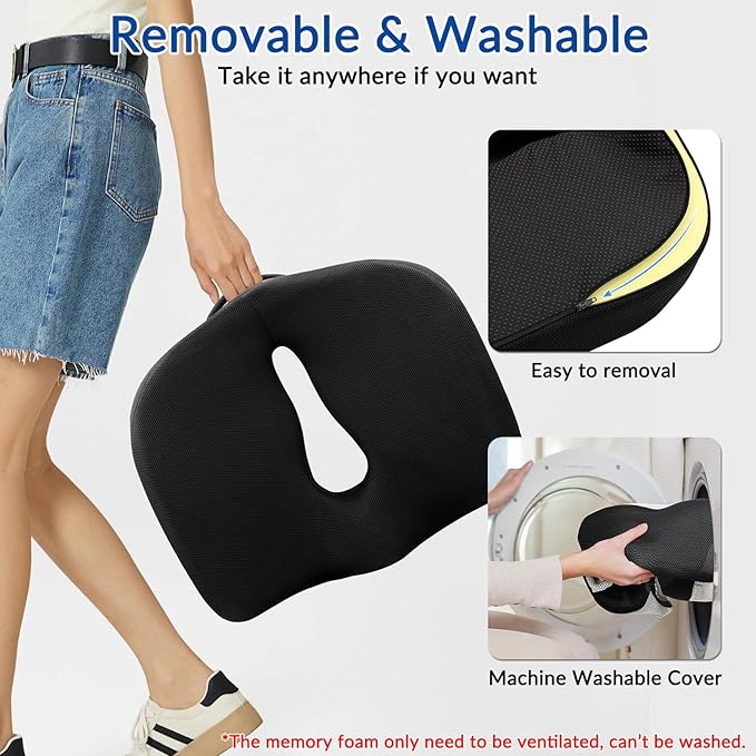 Ergonomic Memory Foam Seat Cushion for Office Chair, Extra Large Pad with U-Shaped Design for Pressure Relief, Coccyx Sciatica & Back Pain Relief, for Home, Car Long Sitting (Black)-DeskLoop Office