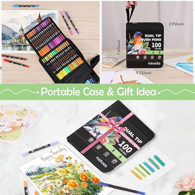 nauets 100 Colors Brush & Fine Dual Tip Watercolor Markers Set for Kids Adults Coloring Books No Bleeding Paint Pens For Drawing Note taking Planner Calligraphy Journaling Card Making Art Supplies-DeskLoop Office