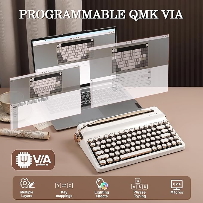 YUNZII QL75 Wireless Typewriter Hot Swap Retro Mechanical Keyboard,Punk Round Keycaps,RGB Backlit QMK/VIA Programmable, Multi-Device Keyboard with 2.4GHz/Type-C/BT5.0 (White, Cocoa Cream V2 Switch)-DeskLoop Office