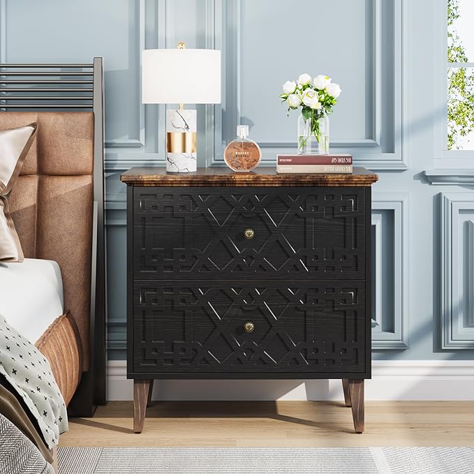 LITTLE TREE 2-Drawer File Cabinet, Lateral Filing Cabinet for A4/Letter/Legal Size, Office Storage Cabinet, Printer Stand with Storage Drawer for Home Office, Black-DeskLoop Office