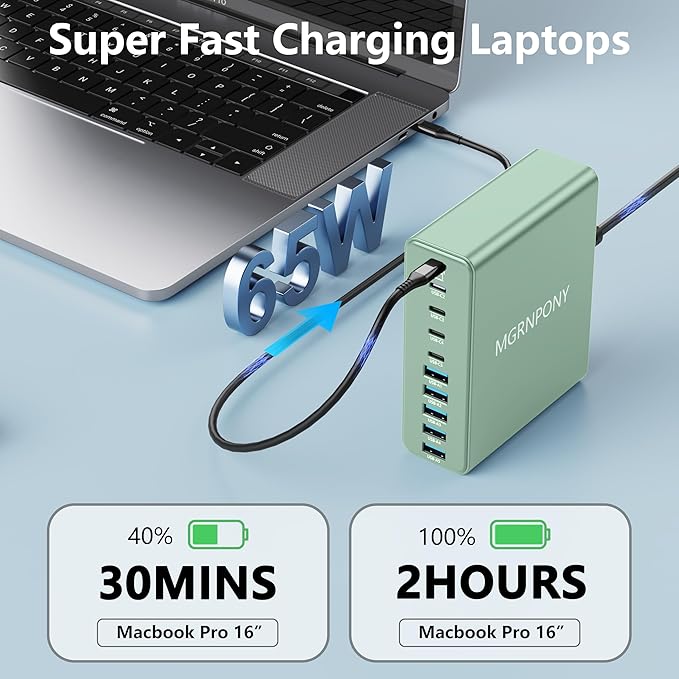 320W USB C Charger Block, 10-Port USB C Charging Station GaN III PD 65W PC Laptop Fast Charger Adapter for MacBook Pro/Air, DELL, iPad, iPhone, Samsung Galaxy (Green)-DeskLoop Office