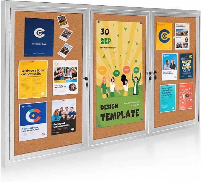 Lockable Outdoor Enclosed Bulletin Board, Weatherproof Cork Noticeboard with Locking Door, Wall-Mounted Aluminum Silver Framed Display Case for Messages,70x36 Inch-DeskLoop Office