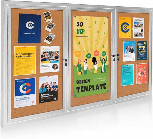 Lockable Outdoor Enclosed Bulletin Board, Weatherproof Cork Noticeboard with Locking Door, Wall-Mounted Aluminum Silver Framed Display Case for Messages,70x36 Inch-DeskLoop Office