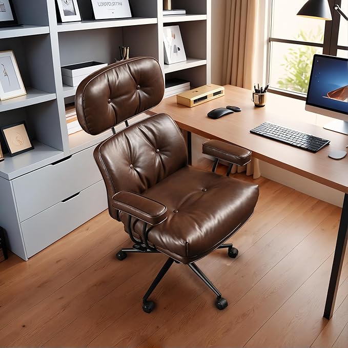 Faux Leather Executive Big and Tall Office Chair - Reclining Task Swivel PC Chair with Lumbar Support, Dark BrownPU-DeskLoop Office