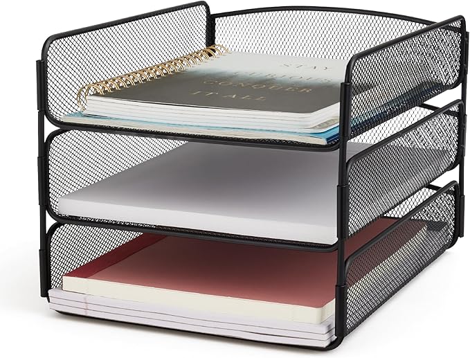 Safco Onyx Desk Organizer, 3 Trays, Office and Classroom Mailbox, Paper and Mail Sorter, Steel Mesh, Black-DeskLoop Office