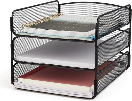 Safco Onyx Desk Organizer, 3 Trays, Office and Classroom Mailbox, Paper and Mail Sorter, Steel Mesh, Black-DeskLoop Office
