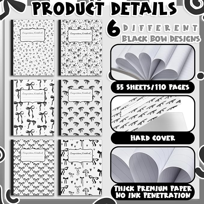 Fullhawl 6 Pack Composition Notebook College Ruled Bulk Black Bow Composition - Image 5