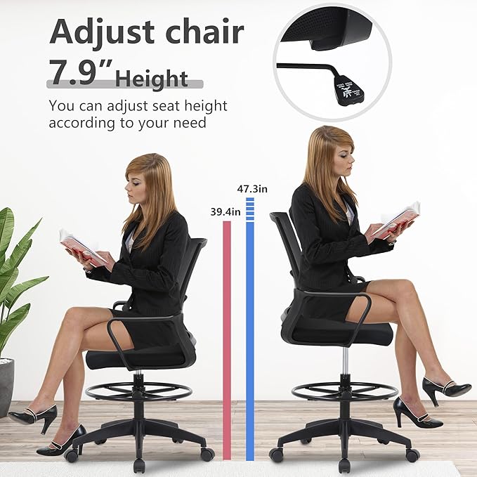 PayLessHere Drafting Chair Computer Standing Desk Chair Tall Office Chair with Lumbar Support Adjustable Foot Ring for Mesh Ergonomic Mid-Back Desk Chair (Black)-DeskLoop Office