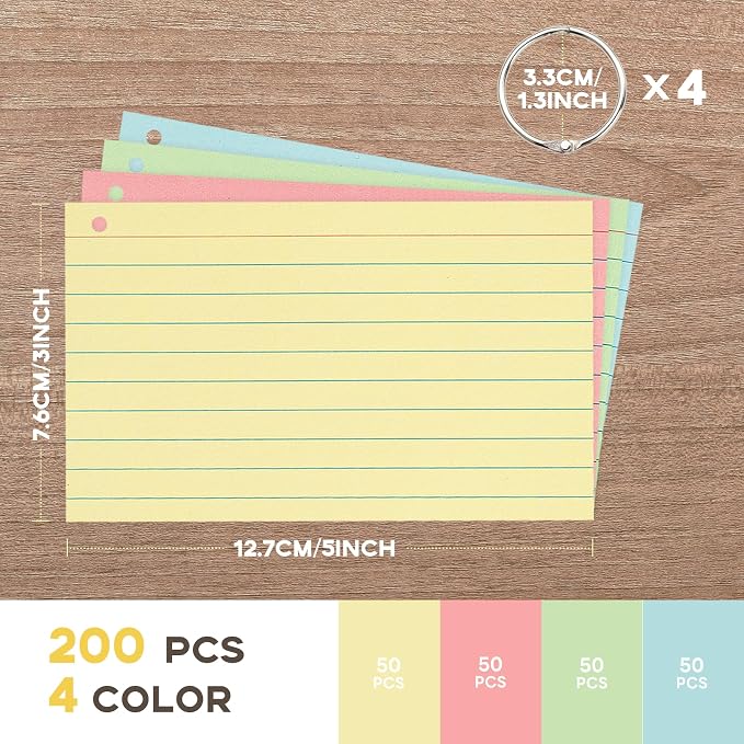 Colored 3x5 Index Cards with Rings, Goefun Ruled Flashcards 200Pcs, 4 Color - Image 2