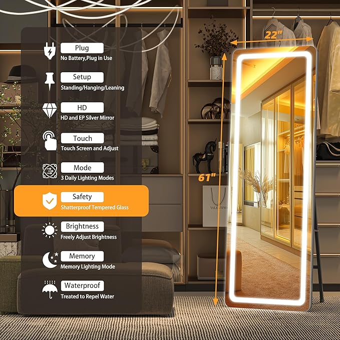 Hasipu Full Length Mirror with Lights, 61" x 22" LED Floor Mirror, Full Body Dressing Standing, Hanging Mounted Mirror for Living Room Bedroom Cloakroom, Round Black-DeskLoop Office
