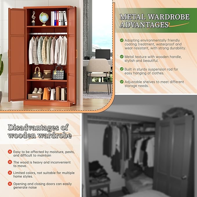 Greenvelly Metal Storage Wardrobe Cabinet, 72" Brown Metal Wardrobe Closet for Hanging Clothes with Doors and Shelves, Modern Steel Clothes Closet for Home, Office and Bedroom, School,Gym-DeskLoop Office