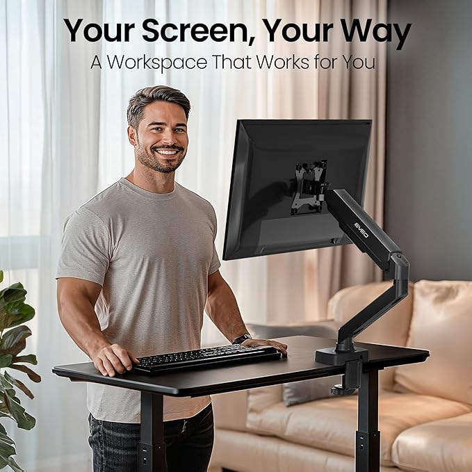 EVEO Premium Single Monitor Arm 14"–34", Adjustable Gas Spring Monitor Mount, Single Arm Desk Mount for 34 Inch Computer Screens, VESA Compatible Stand with Clamp and Grommet Base – Black-DeskLoop Office