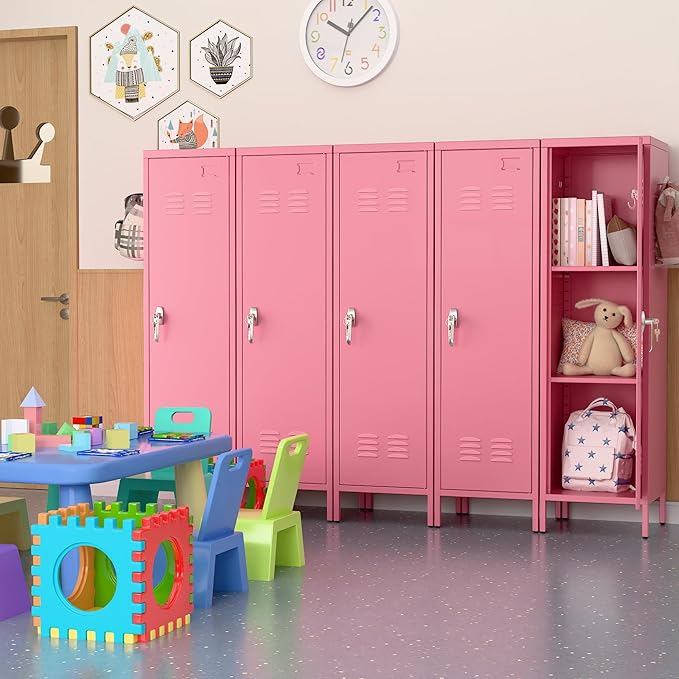 Aobabo Metal 54" H Metal Storage Locker for Employees, Lockable 1 Door with Towel Rack and 2 Side Pegboards with Hooks for School Office Gym Home, Assembly Required (Pink)-DeskLoop Office