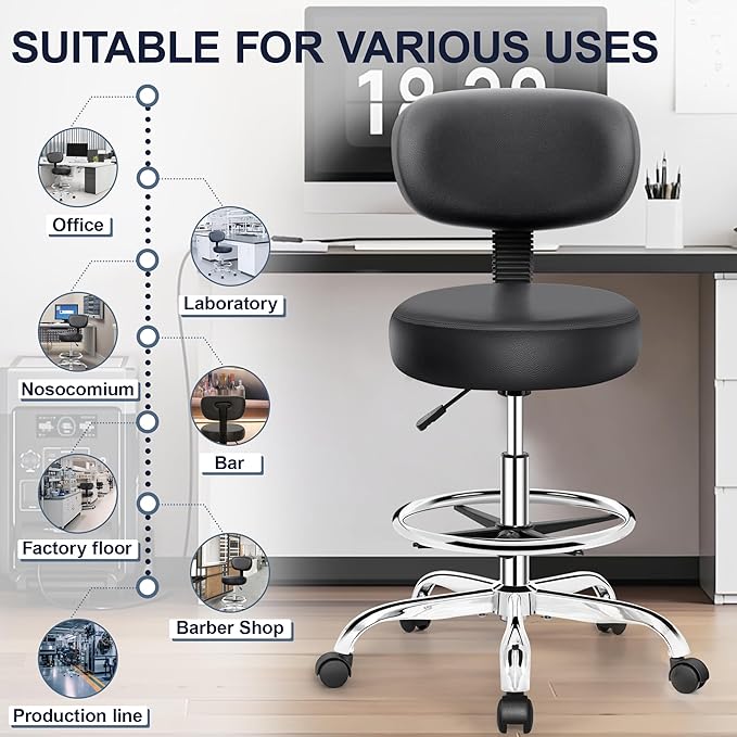 Drafting Chair with Backrest – Adjustable Foot Rest Rolling Stool with Wheels, PU Leather Swivel Stool for Office Spa Studio Lab Counter Salon Home Work Bar Kitchen Shop(Silver)-DeskLoop Office