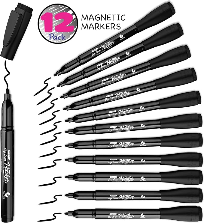 Scribbledo 12 Pack Magnetic Dry Erase Markers Black Fine Tip Whiteboard Markers - Image 6
