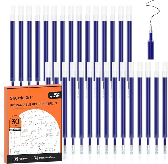 Shuttle Art Retractable Gel Pen Refills, 30 Pack Blue Rollerball Gel Ink Pens by ShuttleArt