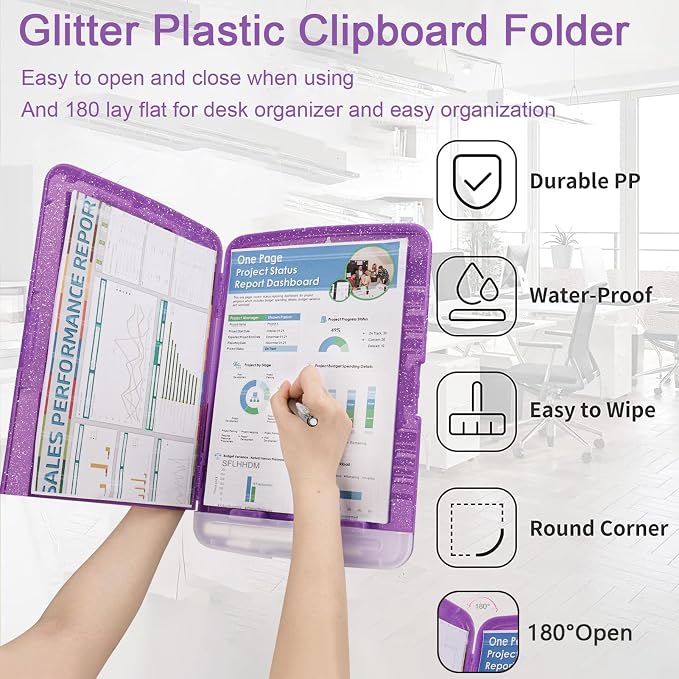 Glitter Clipboard with Storage, Storage Clipboard with Pen Holder, A4 Binder - Image 5