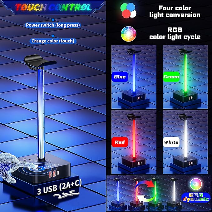 RGB Headphone Stand with USB Charger COZOO Desktop Gaming Headset Holder Hanger - Image 2