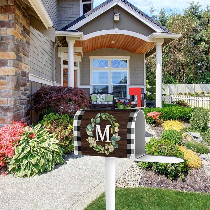 Wreath Monogram Letter M Mailbox Covers, Buffalo Plaid Outdoor Magnetic Mailbox - Image 4