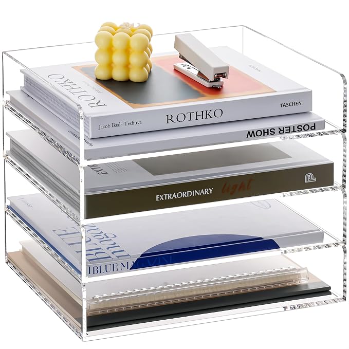 HeZone 4 Tier Paper Organizer for Desk, Acrylic Paper Tray, Office File by HeZone