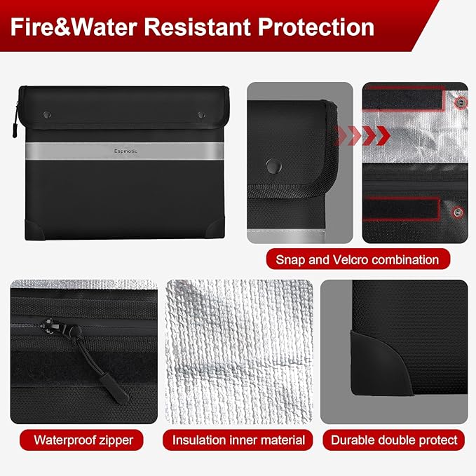 Fireproof Document Bag – 5200°F Heat-Resistant, 14.2" x 10.6" Waterproof Money Pouch with 8-Layer Protection, Zipper and Snap Closure, Reflective Strip for Quick Access, Black-DeskLoop Office