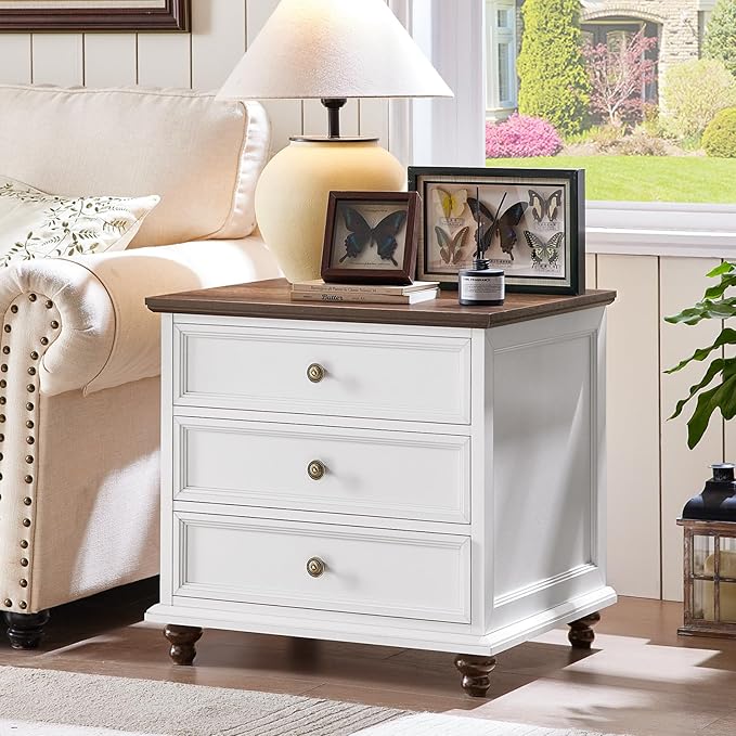24" Wide Farmhouse Night Stand,Large End Table with 3 Drawers & Metal Handle,White Wood Dresser for Bedroom Cabinet, Bed Side Tabl·e Chest of Drawers,Nightstand for Living Room,Close-DeskLoop Office