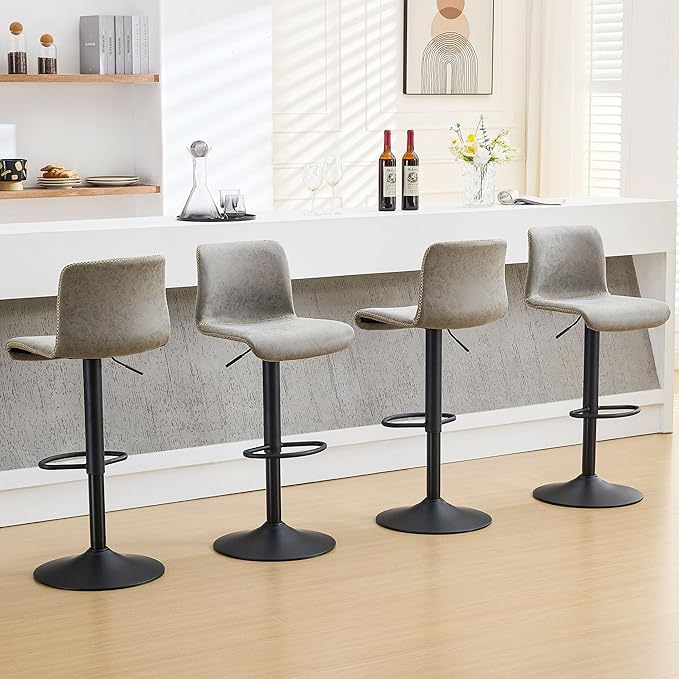 HeuGah Swivel Bar Stools Set of 4, Counter Height Bar Stools with Back, Adjustable Bar Stools 24" to 32", Gray Faux Leather Bar Chairs for Kitchen Island (Gray, Set of 4 (24'' to 32''))-DeskLoop Office