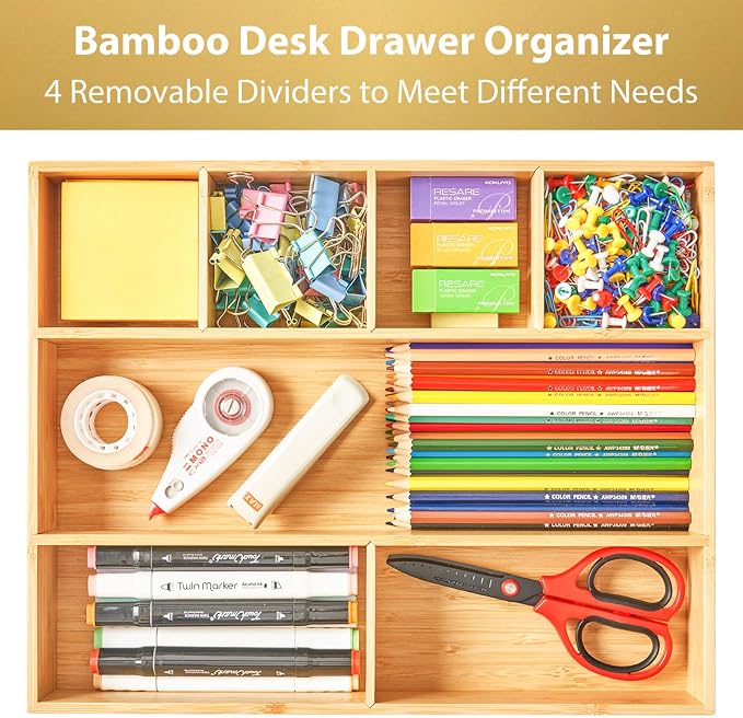 Umilife Large Bamboo Desk Drawer Organizer, Wood Office Junk Tray - Image 2