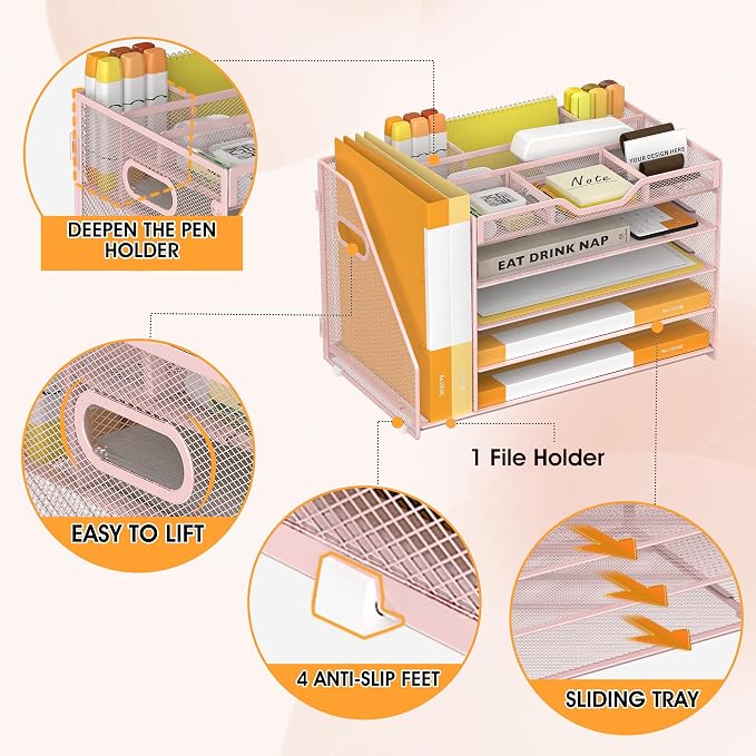 5 Tier Paper Letter Tray with File Holder and 3 Drop-in Pen Holders, Mesh Desk - Image 4