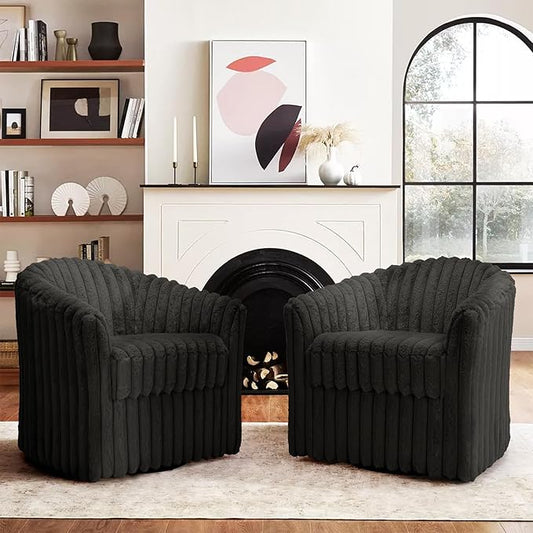 UIXE Faux Fur Swivel Accent Chair, Set of 2, Modern Upholstered Armchair Barrel Club Chair for Living Room, Chocolate-DeskLoop Office