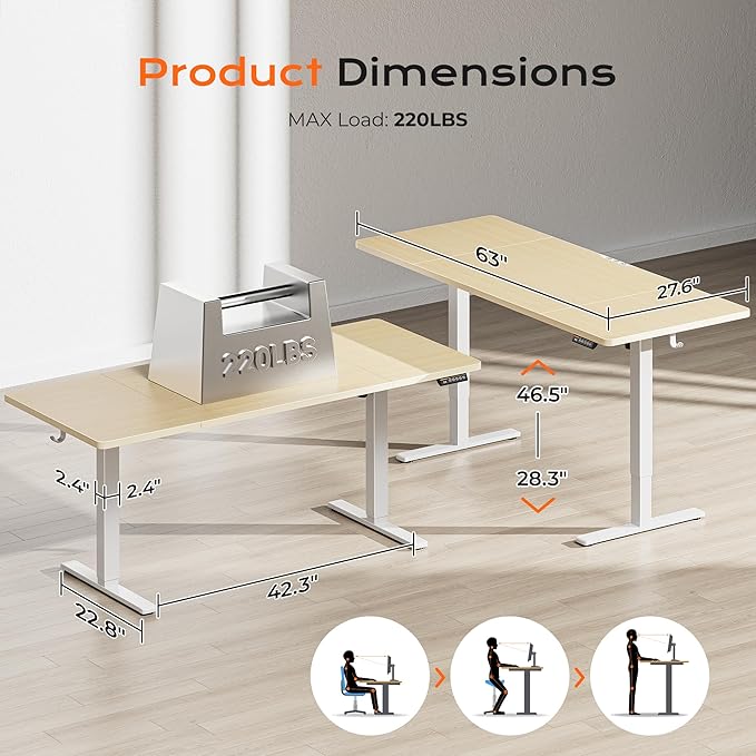 Huuger 63 x 28 Large Electric Standing Desk, Height Adjustable Computer Desk, 27.6" Deep Desktop, Stand up Gaming Office Table with 2 Hooks, 3 Preset Heights, for Home Office, Oak-DeskLoop Office