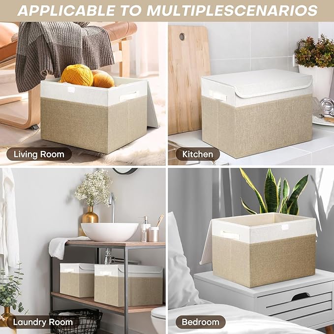 Large 17" 42 Quarts Collapsible Stackable Storage Bins with Lids [3-Pack] Foldable Fabric Linen Storage Boxes Cube, Closet Organizer Baskets with Label (16.7 x 12 x 12", Beige & White)-DeskLoop Office