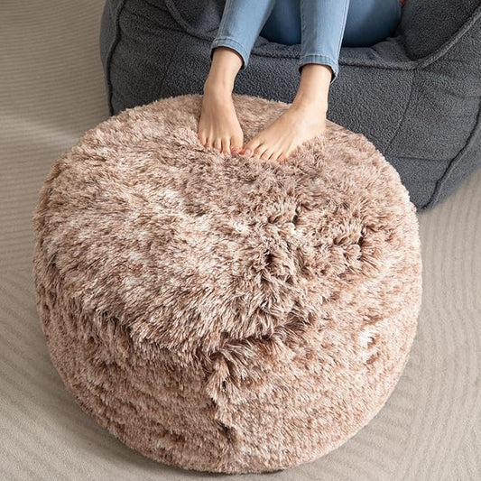 HIGOGOGO Round Stuffed Pouf Ottoman, Long Faux Fur Poufs with Foam Chunk Filling, Fluffy and Furry Pouf Foot Stool Storage Ottoman, 26 X 18 Floor Poufs Foot Rest for Living Room,Coffee-DeskLoop Office