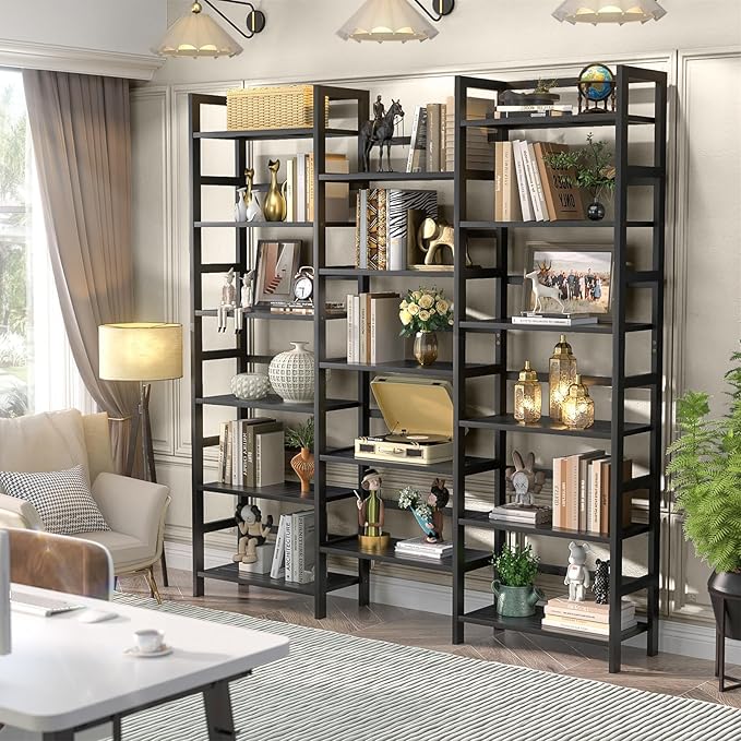 Homykic Bamboo Triple Wide Shallow Bookshelves and Bookcases, 6-Tier 6ft Tall Bookshelf with 17 Open Display Shelves, Super Large Freestanding Book Shelf for Home Office, Bedroom, Living Room, Black-DeskLoop Office