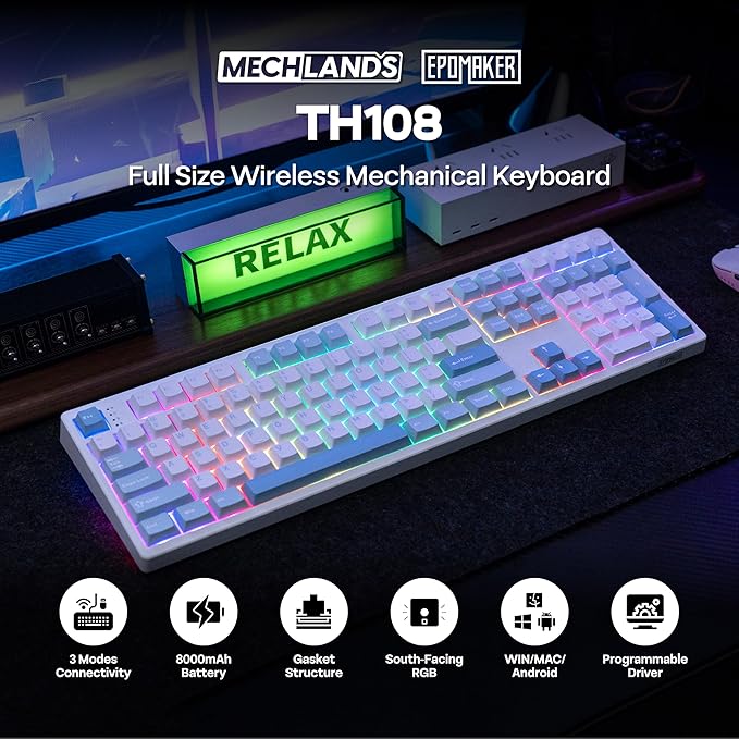 EPOMAKER TH108 Full Size Mechanical Keyboard, Wireless Gaming Keyboard, 8000mAh Battery, Creamy Gasket, 108 Keys, Hot Swap, Custom Driver, RGB Backlights (Blue&White, Creamy Jade Switch)-DeskLoop Office